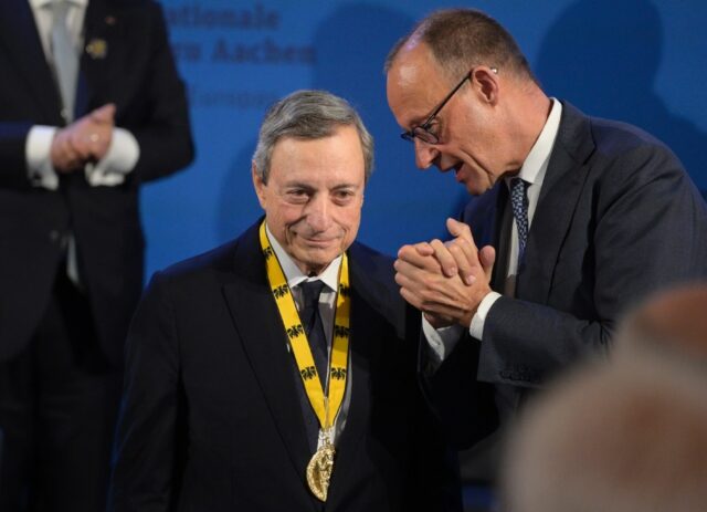 German Chancellor Friedrich Merz, rights, congratulates former European Central Bank presi