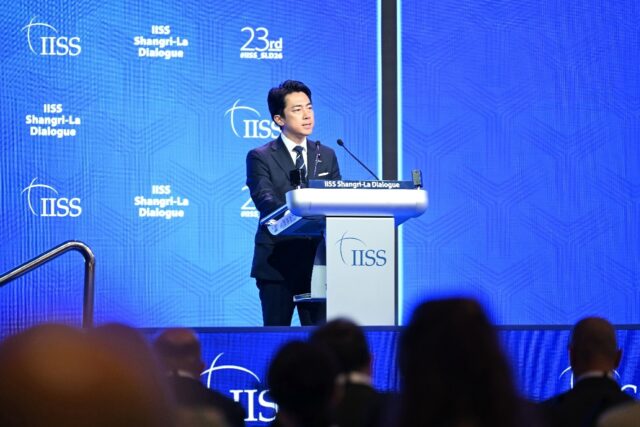 Japan's Defence Minister Shinjiro Koizumi delivers a speech during the 23rd Shangri-L