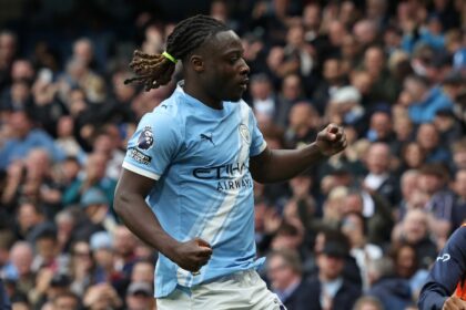 Manchester City's Jeremy Doku celebrates after scoring against Brentford