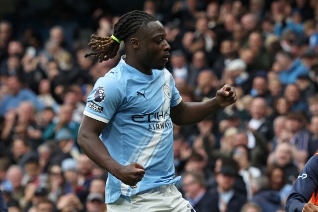 Manchester City's Jeremy Doku celebrates after scoring against Brentford