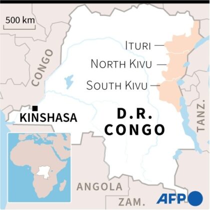 Map of the Democratic Republic of Congo locating the provinces of Ituri, North Kivu and So