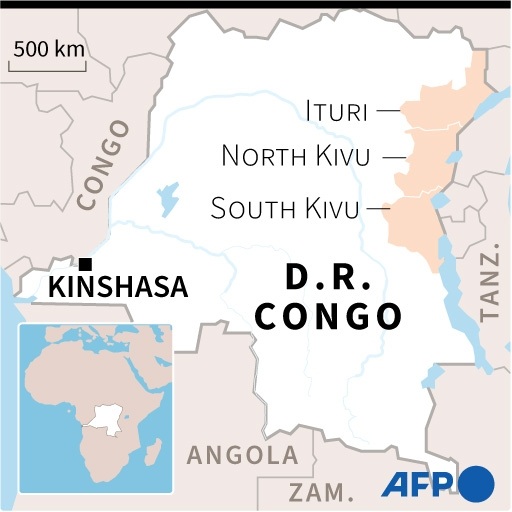 Map of the Democratic Republic of Congo locating the provinces of Ituri, North Kivu and So