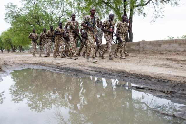 Nigerian soldiers training at a military base in Monguno, Borno state, Nigeria, on July 5,
