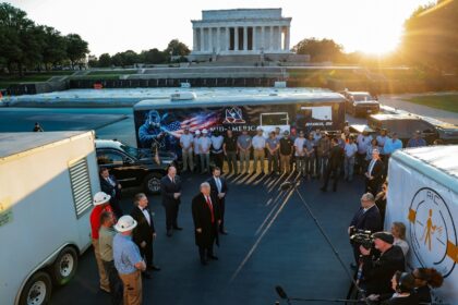 US President Donald Trump inspects the repainting of the Lincoln Memorial Reflecting Pool