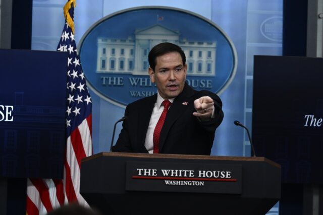 US Secretary of State Marco Rubio takes questions from reporters during a press briefing i