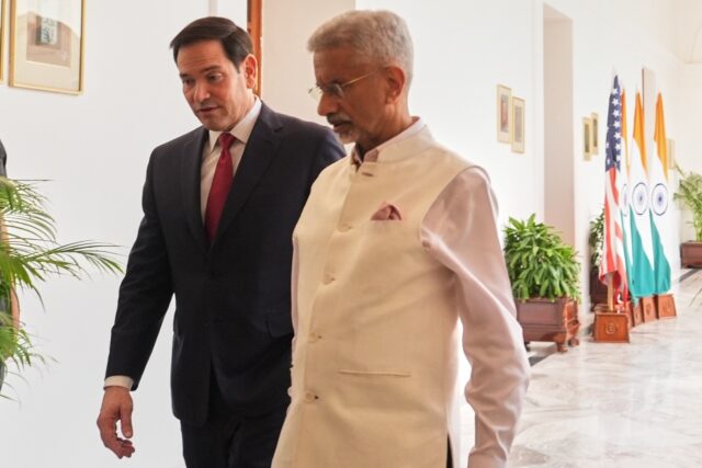 US Secretary of State Marco Rubio walks with India’s Minister of External Affairs Subrah