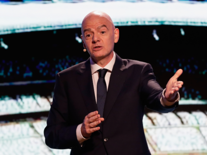 FIFA President Gianni Infantino speaks during the launch of the official branding of the 2