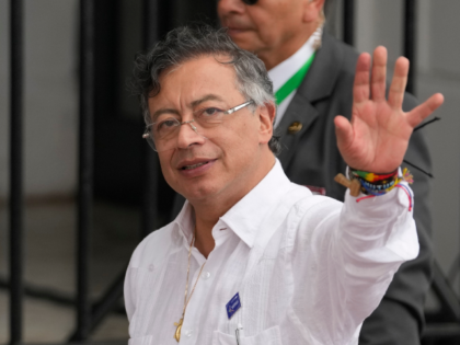 FILE - Colombian President Gustavo Petro arrives at the presidential palace in Panama City