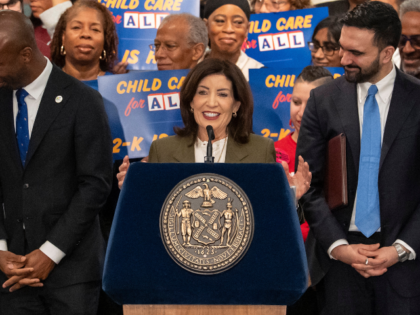 New York Governor Kathy Hochul speaks during a press conference at Sugar Hill Children