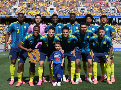 The starting eleven for Colombia pose before an international friendly soccer game against