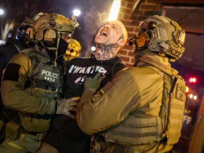Federal agents with Homeland Security Investigations (HSI) detain a protestor wearing an "