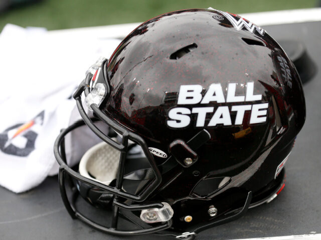 A Ball State helmet on the sidelines in the game against the Miami of Ohio Redhawks at Sch