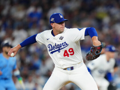 Blake Treinen #49 of the Los Angeles Dodgers pitches in the seventh inning during Game Fou