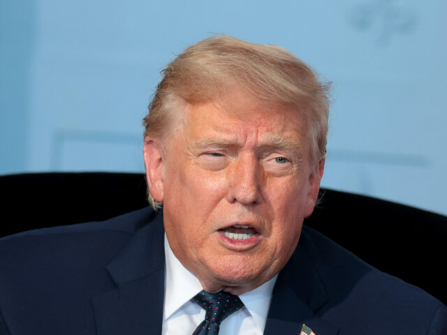 U.S. President Donald Trump talks as he meets French President Emmanuel Macron for a bilat