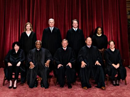 Justices of the US Supreme Court during a formal group photograph at the Supreme Court in