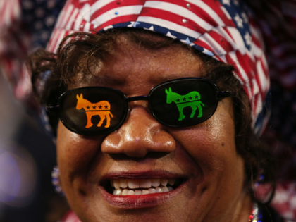 CHARLOTTE, NC - SEPTEMBER 04: Julia Hicks wears glasses with Democratic donkeys on them du