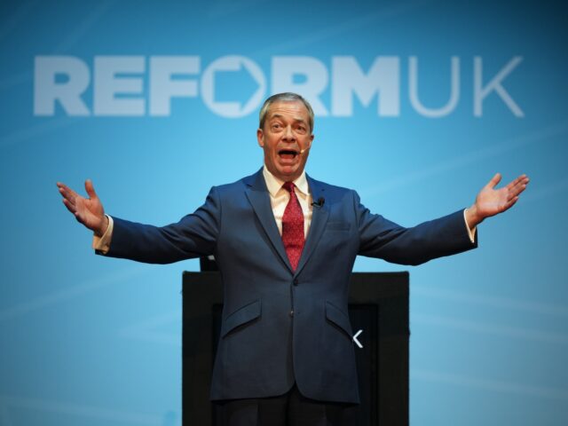 LEICESTER, ENGLAND - JANUARY 3: Reform UK leader Nigel Farage speaks on stage during the R