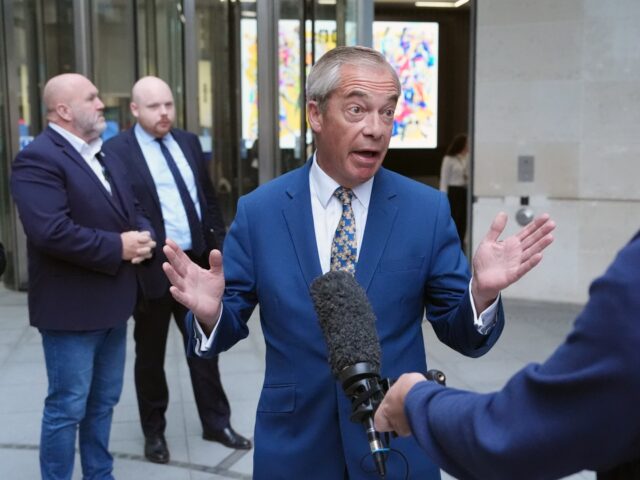 Reform UK leader Nigel Farage speaking to media as he arrives at BBC Broadcasting House in