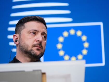 BRUSSELS, BELGIUM - DECEMBER 18: President of Ukraine Volodymyr Zelensky talks to media du