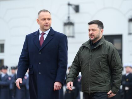 Polish President Karol Nawrocki welcomes Ukraine's President Volodymyr Zelenskyy during a
