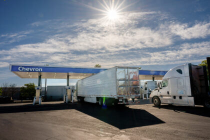 Tractor trailers at a Chevron truck stop in Tracy, California, US, on Wednesday, March 25,