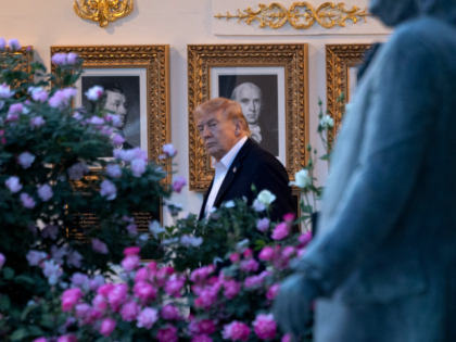 WASHINGTON, DC - MAY 03: President Donald Trump looks toward a statue of Benjamin Franklin