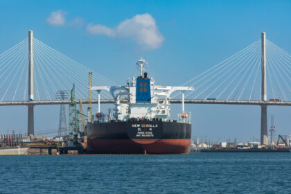 The Hong Kong-flagged crude oil tanker New Corolla unloads cargo in the Marathon Petroleum