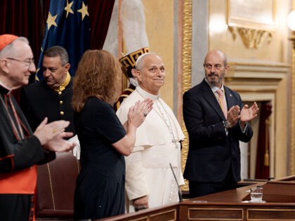 MADRID, SPAIN - JUNE 8: Pope Leo XIV delivers a speech at the Congress of Deputies during