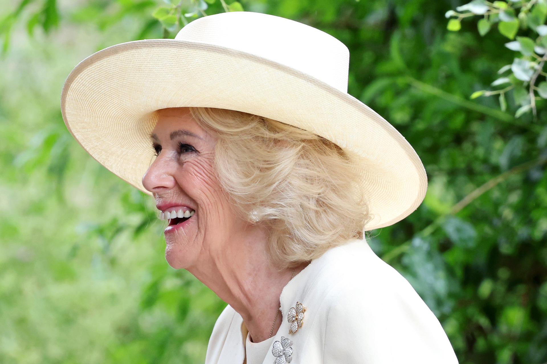KEMBLE, ENGLAND - JUNE 06: Queen Camilla arrives for the Royal wedding of Peter Phillips and Harriet Sperling at All Saints' Church on June 06, 2026 in Kemble, England. Peter Phillips, the son of Princess Anne, Princess Royal and eldest grandchild of Queen Elizabeth II, will marry NHS Nurse and writer Harriet Sperling during a ceremony at All Saints' Church in Kemble today. (Photo by Chris Jackson/Getty Images)