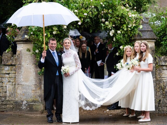 KEMBLE, ENGLAND - JUNE 06: Peter Phillips and Harriet Sperling depart with bridesmaids Geo