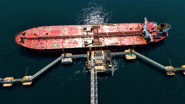 Qingdao Port Crude Oil Terminal QINGDAO, CHINA - JUNE 11, 2026 - An oil tanker was unloading imported crude oil at the cru
