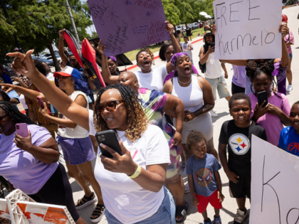 McKINNEY, TEXAS - JUNE 9: Supporters of Karmelo Anthony protest before a verdict is announ