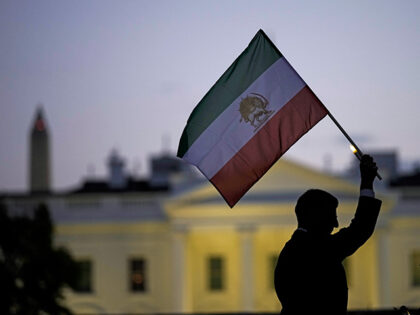 A man holds up an Iranian flag during a vigil in support of protestors in Iran and to mark