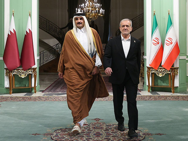 Emir of Qatar Sheikh Tamim Al Thani and Iranian President Masoud Pezeshkian hold a joint p