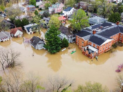 An aerial view of severe flooding in Frankfort, Kentucky, caused by days of heavy rainfall