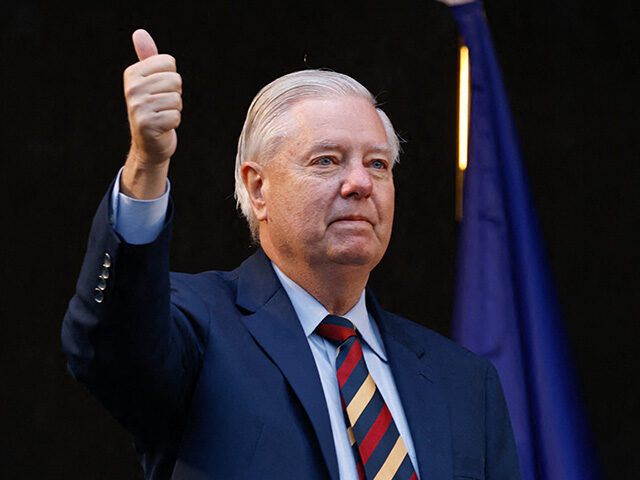 US Senator Lindsey Graham, Republican of South Carolina, gives the thumbs-up on stage next