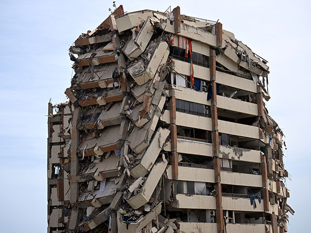 A view shows a heavily damaged apartment building following an earthquake in Catia La Mar,