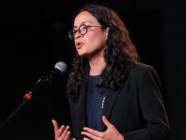 Congressional candidate Claire Valdez speaks during her primary-night watch party at 99 Sc
