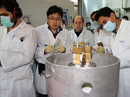 Unidentified International Atomic Energy Agency (IAEA) inspectors (2nd-3rd L) and Iranian