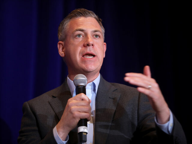 U.S. Congressman Jim Banks speaking with attendees at the Republican Jewish Coalition&#039