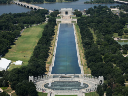 An aerial view of the Lincoln Memorial Reflecting Pool on the National Mall on June 25, 20