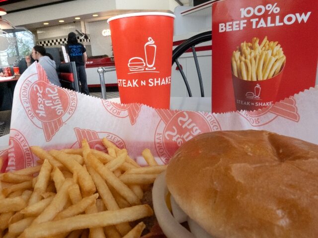 Steak 'n Shake Menu items are shown at a Steak 'n Shake restaurant on April 23, 2026 in Evanston, Il