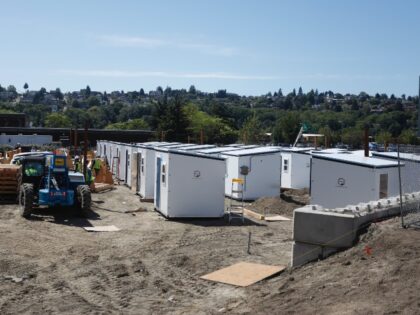 Pallet Shelter units under construction are seen in Seattle on Thursday, May 28, 2026. The