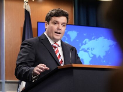 US Deputy State Department Spokesman Tommy Pigott speaks during a press briefing at the St