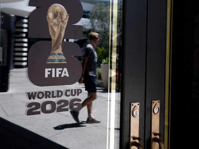 The FIFA logo is displayed on the door of a FIFA World Cup pop-up store on June 10, 2026 i