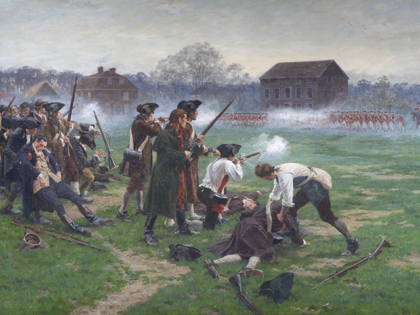 Minutemen facing British soldiers on Lexington Common, Massachusetts, in the first battle