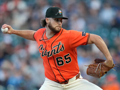 SAN FRANCISCO, CALIFORNIA - JUNE 12: Landen Roupp #65 of the San Francisco Giants pitches