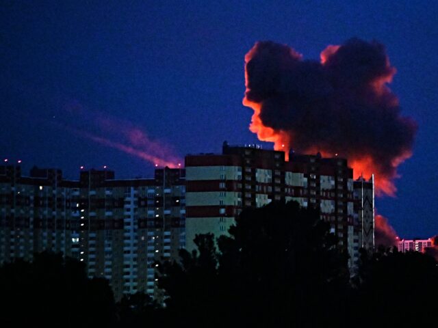This photograph shows smoke billowing during missile strikes in Kyiv on June 2, 2026, amid