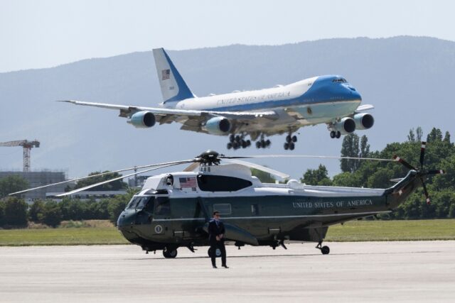 Air Force One carrying US President Donald Trump lands at the Geneva Airport with Marine O