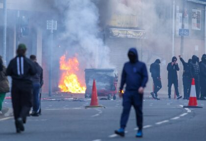 A building is set alight in the Sandy Row area of Belfast city centre, Northern Ireland